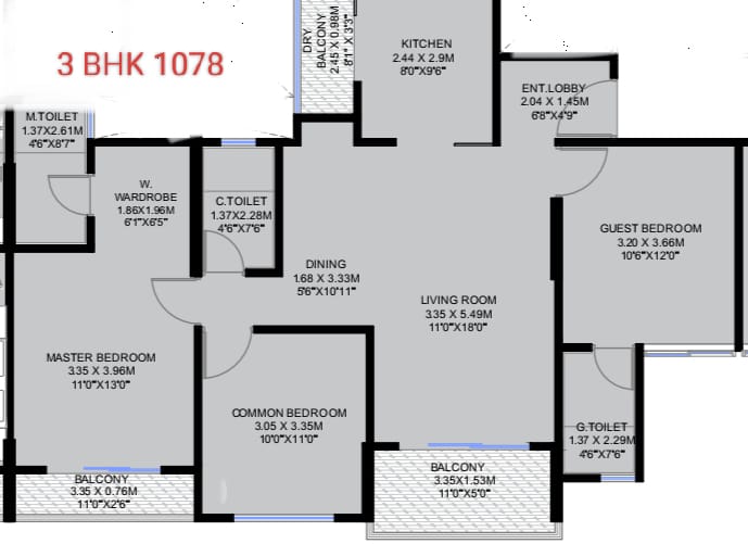 3bhk flat with 1078 sqft carpet area.