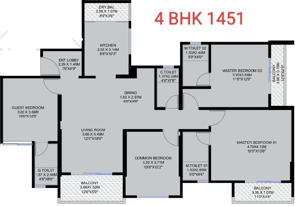 4bhk flat with 1451 sqft carpet area.