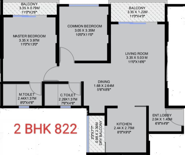 2bhk flat with 822 sqft carpet area.